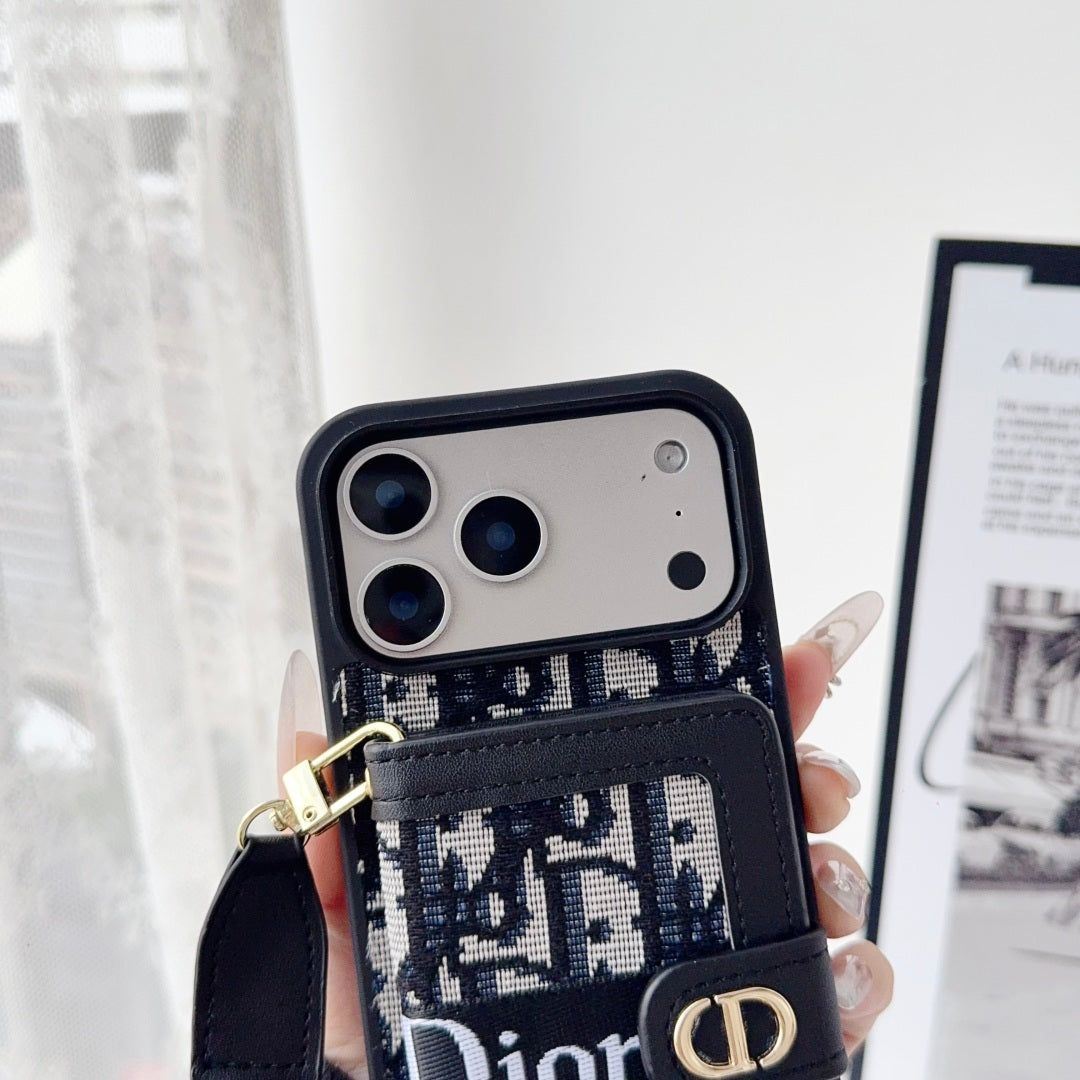 Dior Leather Phone Case with Card Wallet and Strap for iPhone 12-18 Pro & Pro Max
