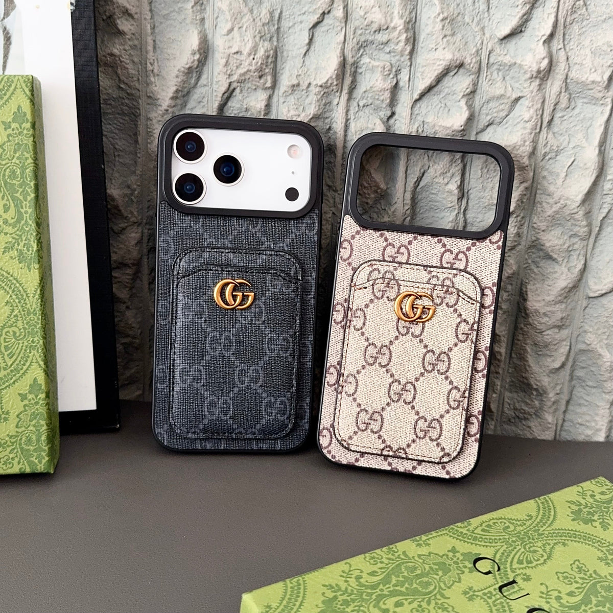 GG Supreme Canvas Card Holder Leather Case for iPhone 12-18 Pro & Pro Max