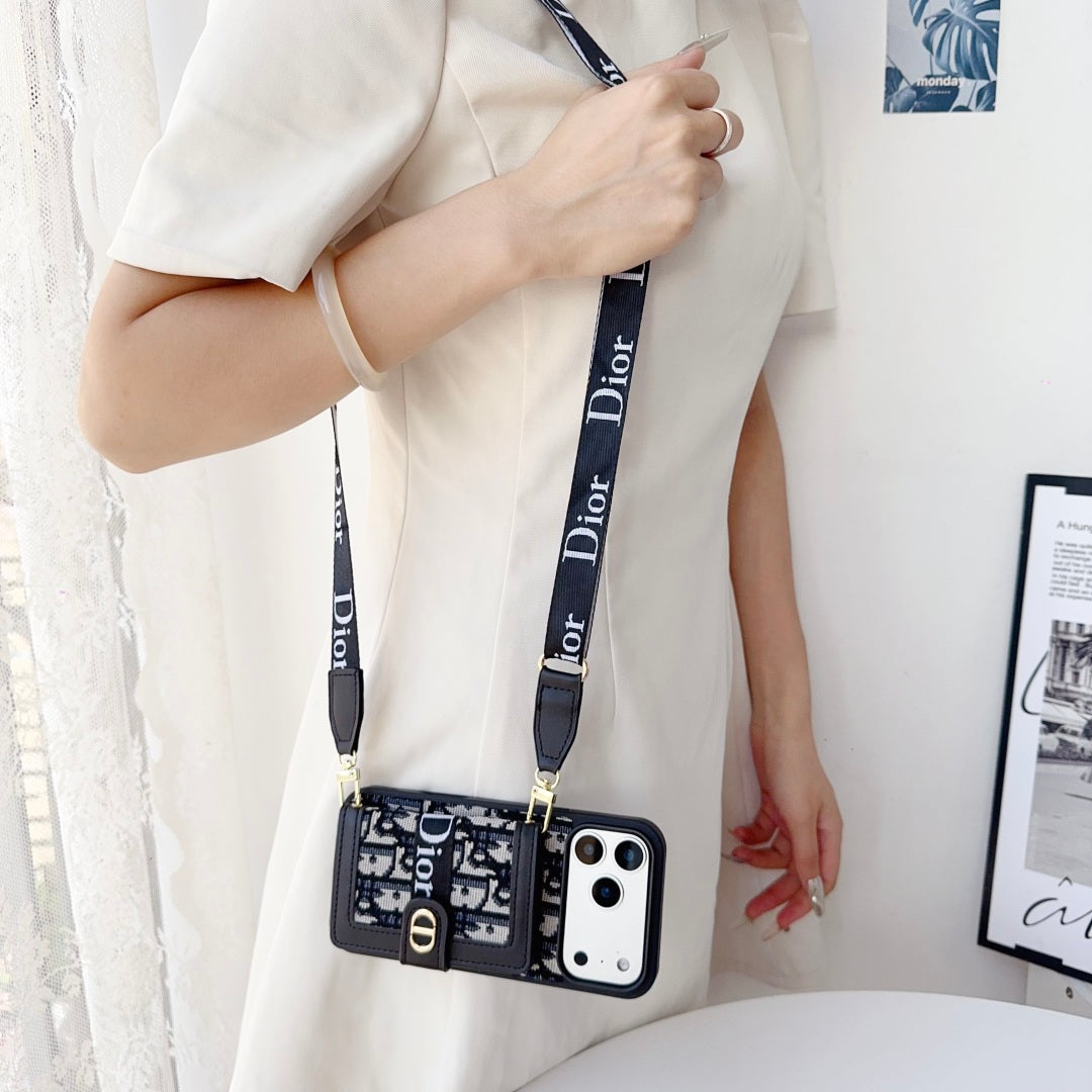 Dior Leather Phone Case with Card Wallet and Strap for iPhone 12-18 Pro & Pro Max