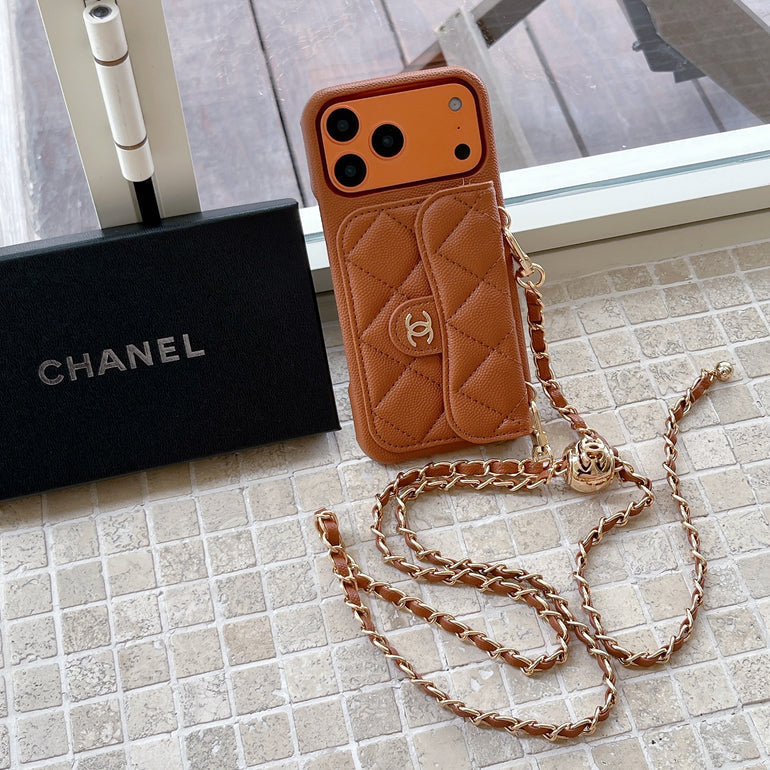 CHN Quilted Caviar Leather Case with Flap Pocket for iPhone 12-18 Pro & Pro Max