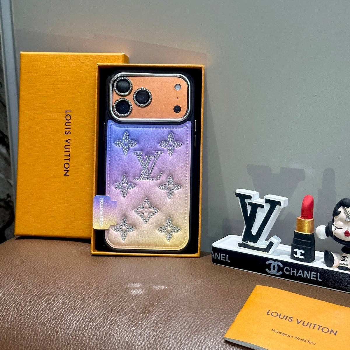 Gradient Crystal Monogram Leather Phone Case for iPhone 13-18 Pro & Pro Max