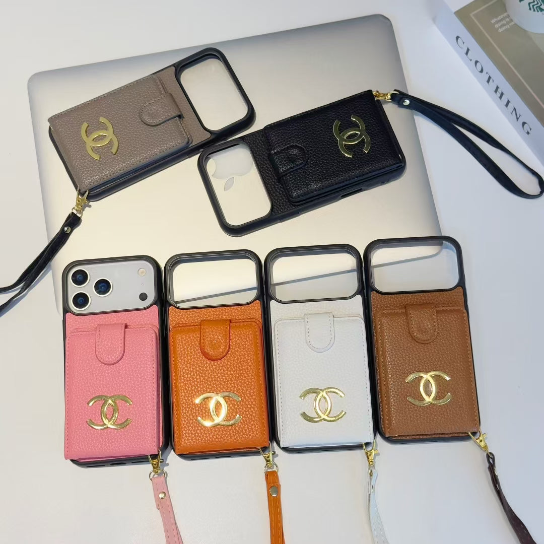 Premium Chanel Leather Phone Case with Strap for iPhone 13-18 Pro & Pro Max