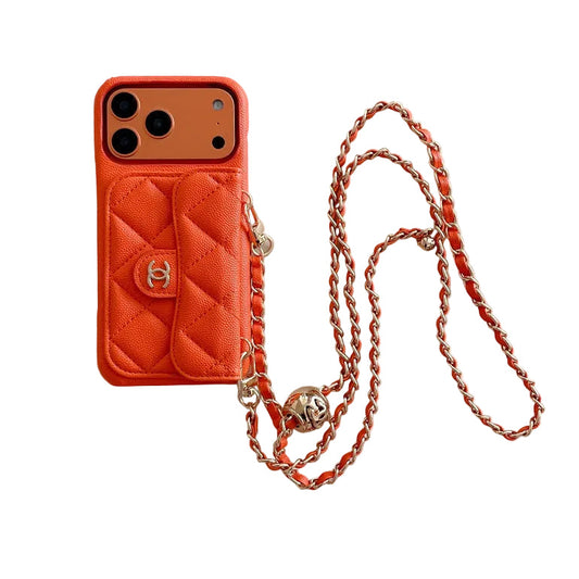 CHN Quilted Caviar Leather Case with Flap Pocket for iPhone 12-18 Pro & Pro Max