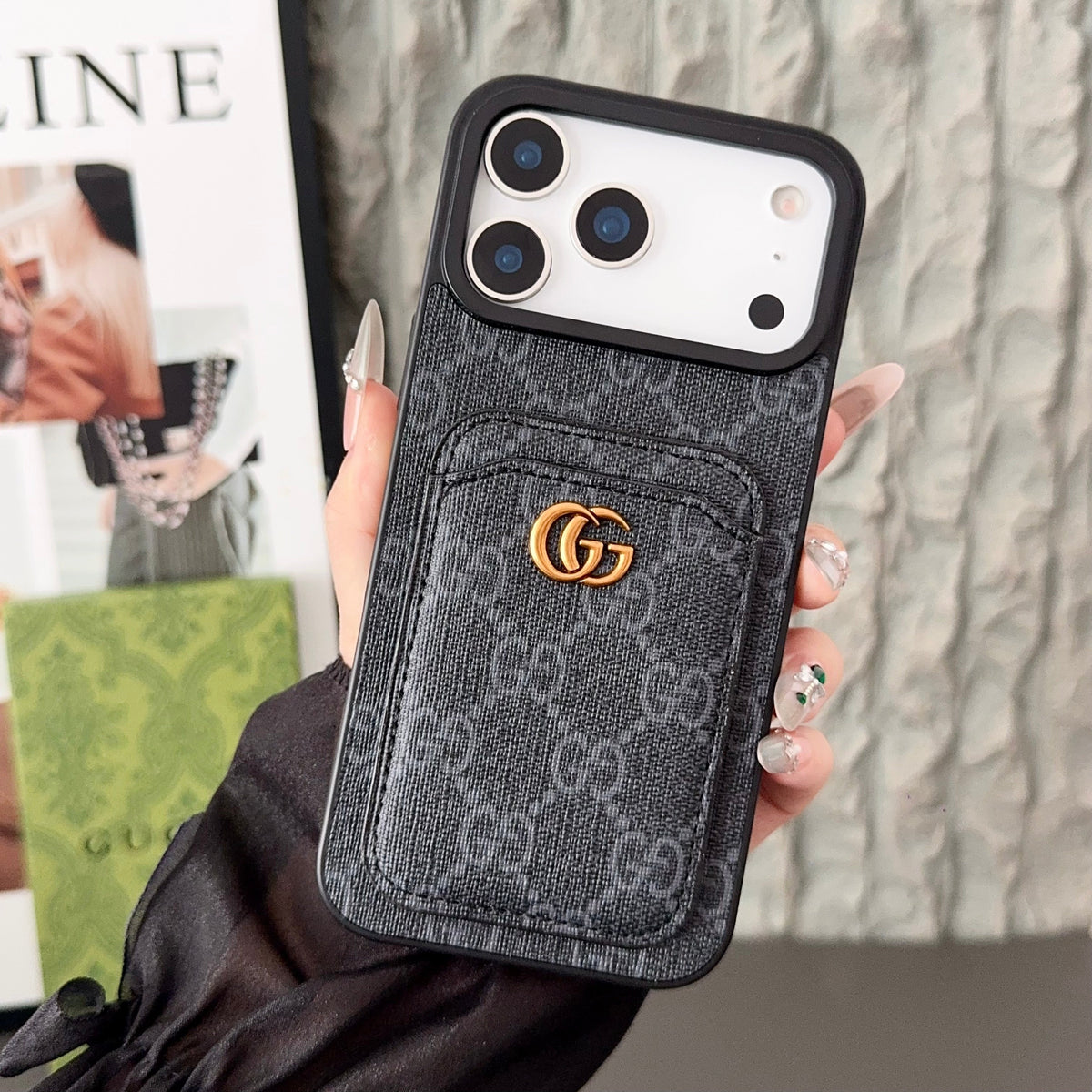 GG Supreme Canvas Card Holder Leather Case for iPhone 12-18 Pro & Pro Max