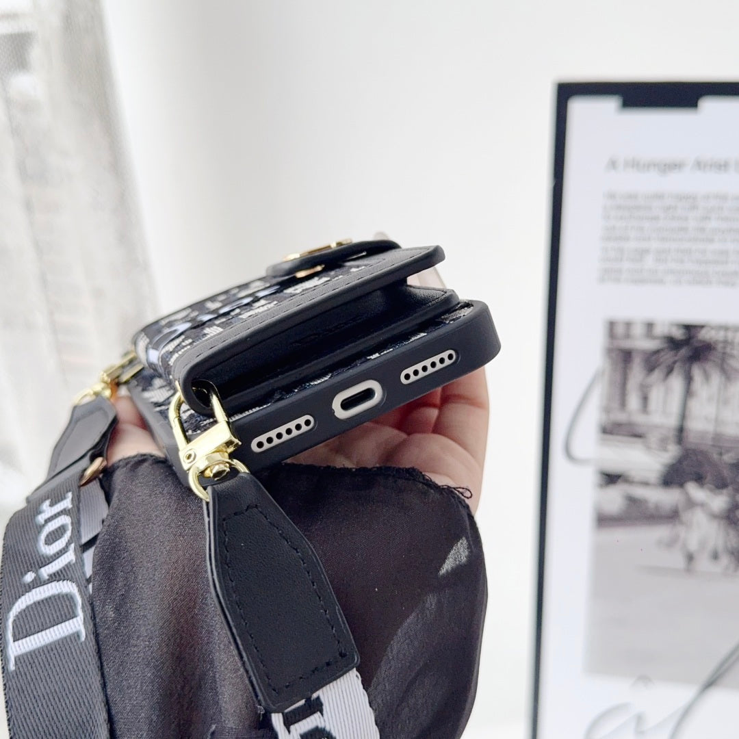 Dior Leather Phone Case with Card Wallet and Strap for iPhone 12-18 Pro & Pro Max