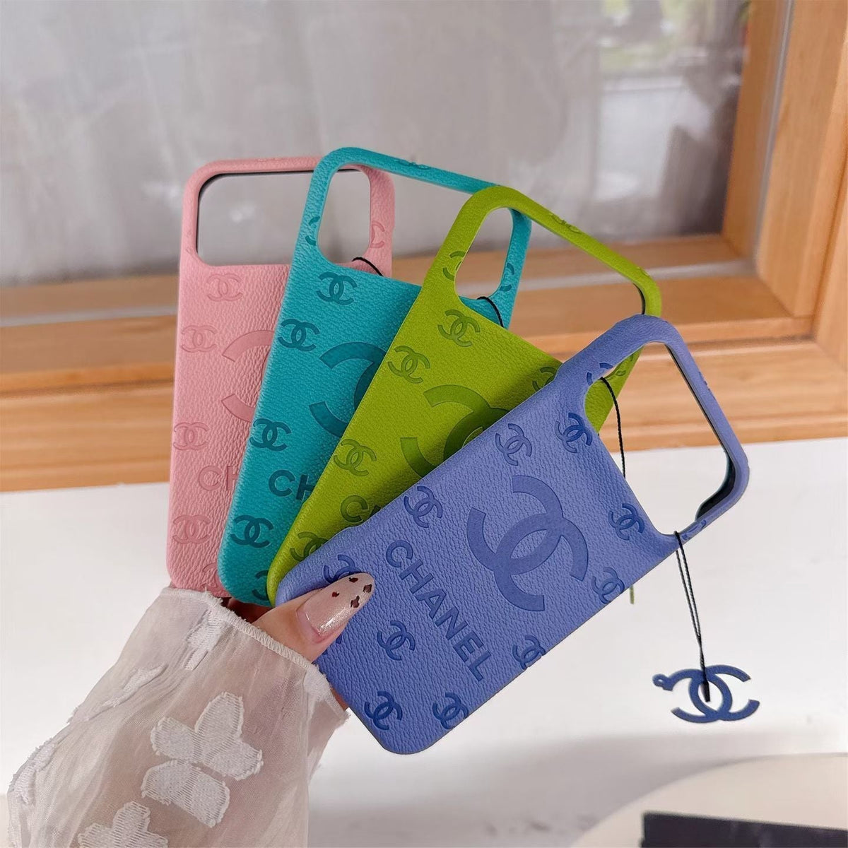 CC Monogram Stamped Leather Case with CC Ring Charm for iPhone 12-18 Pro & Pro Max