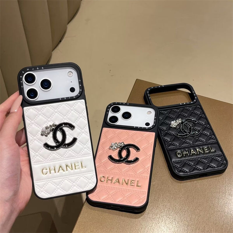 Chanel Leather Case with Contrast Border for iPhone 13-18 Pro & Pro Max