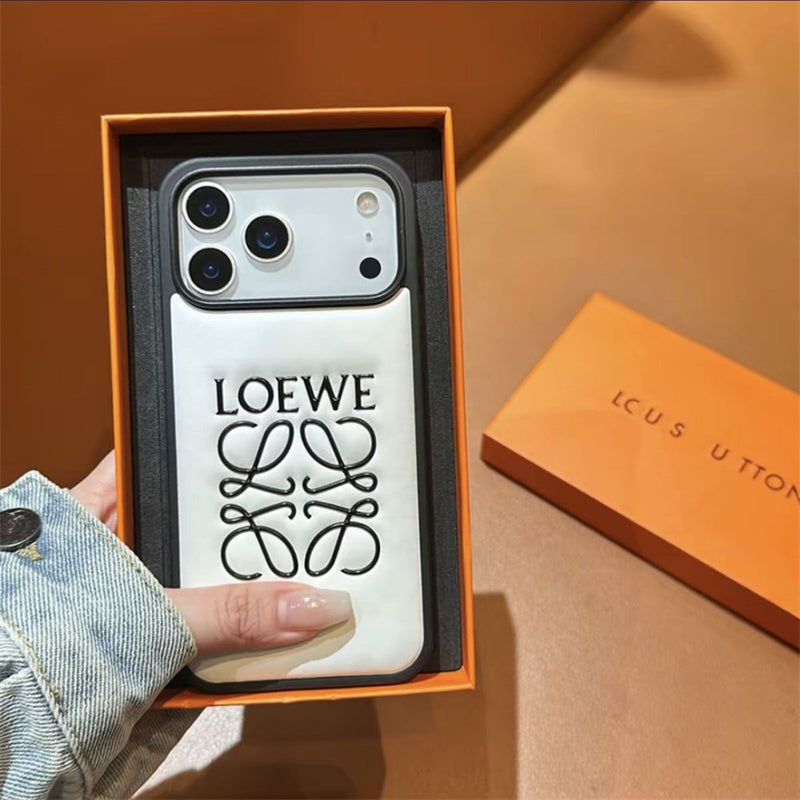 Luxury Loewe-Inspired Leather iPhone Case with Embossed Anagram Logo for iPhone 13-18 Pro & Pro Max