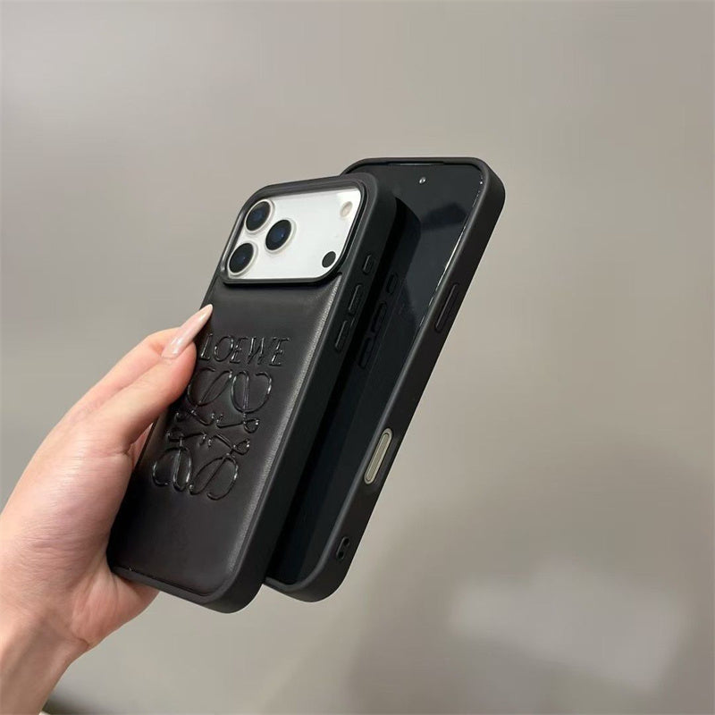 Luxury Loewe-Inspired Leather iPhone Case with Embossed Anagram Logo for iPhone 13-18 Pro & Pro Max