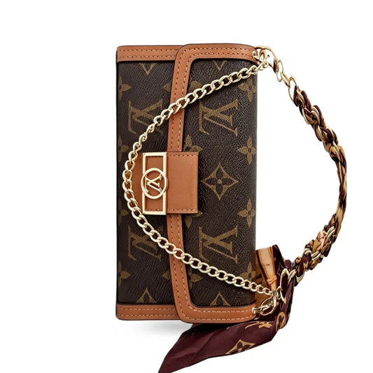Luxury Leather LV Phone Case with Flip Wallet and Chain For iPhone 12-18 Pro & Pro Max