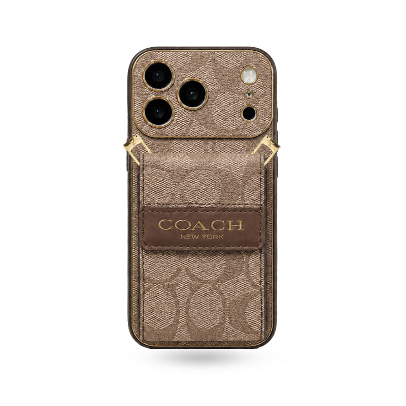 Luxury Leather Coach Phone Case with Strap for iPhone 12-18 Pro & Pro Max