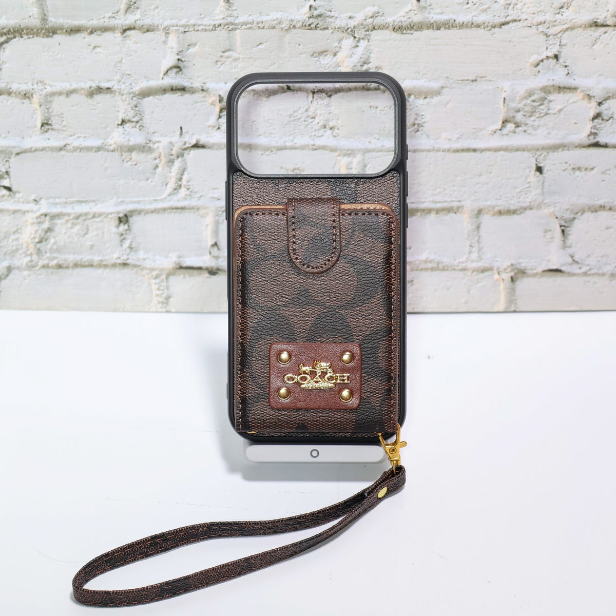 Luxury Monogram Card Holder Phone Case with Strap for iPhone 12-18 Pro & Pro Max