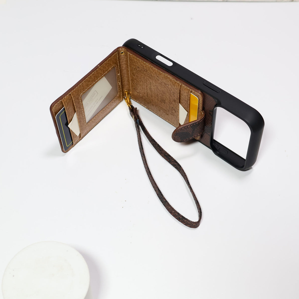 Luxury Monogram Card Holder Phone Case with Strap for iPhone 12-18 Pro & Pro Max