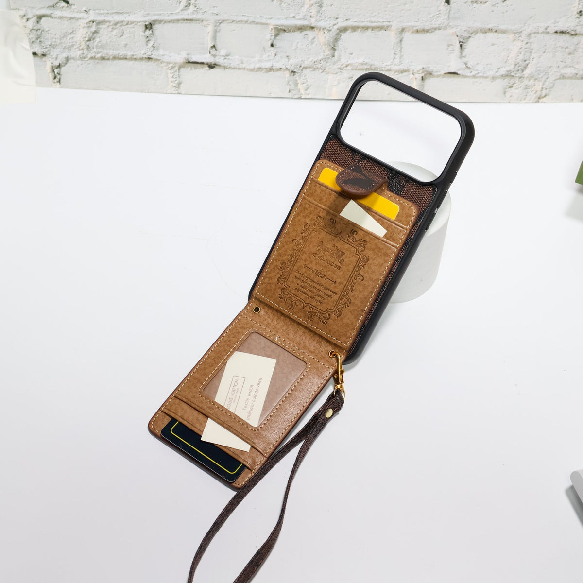 Luxury Monogram Card Holder Phone Case with Strap for iPhone 12-18 Pro & Pro Max