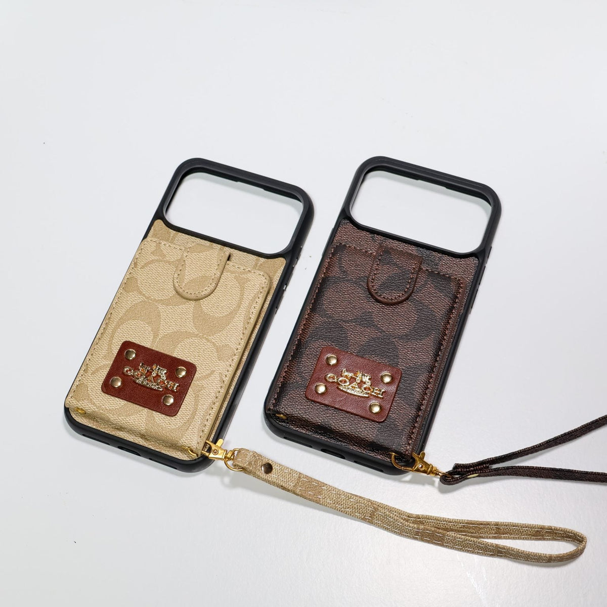 Luxury Monogram Card Holder Phone Case with Strap for iPhone 12-18 Pro & Pro Max