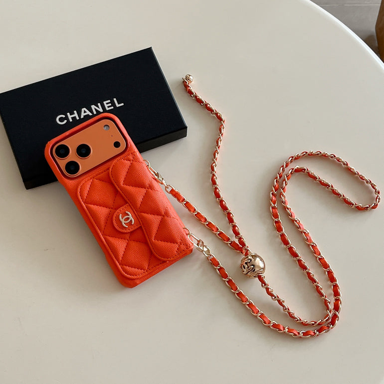 CHN Quilted Caviar Leather Case with Flap Pocket for iPhone 12-18 Pro & Pro Max