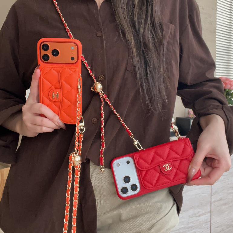 CHN Quilted Caviar Leather Case with Flap Pocket for iPhone 12-18 Pro & Pro Max