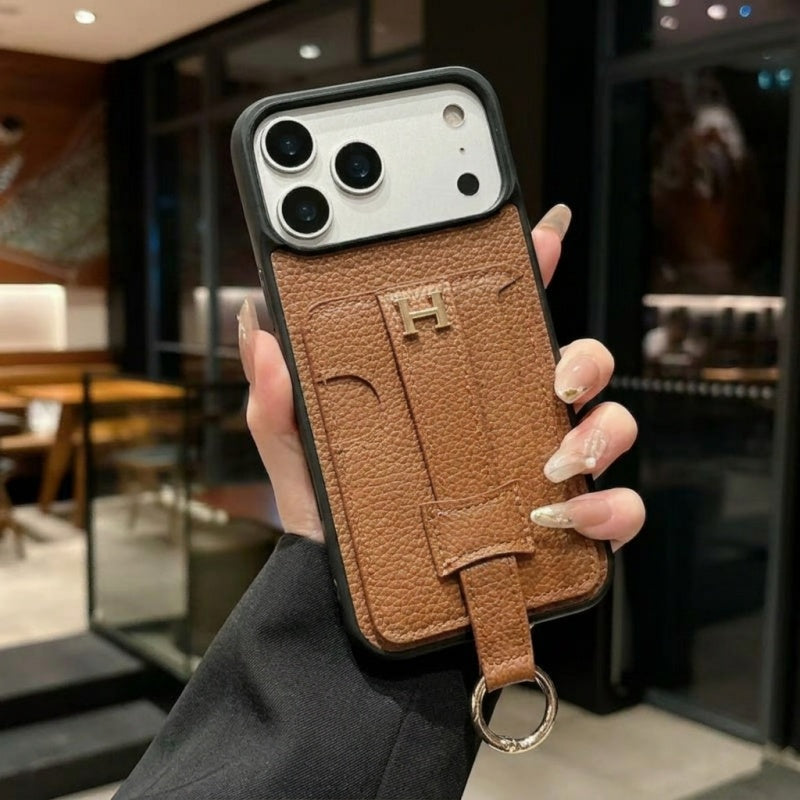 HRM Pebbled Leather Case with Pull-Tab Strap & Ring for iPhone 12-18 Pro & Pro Max