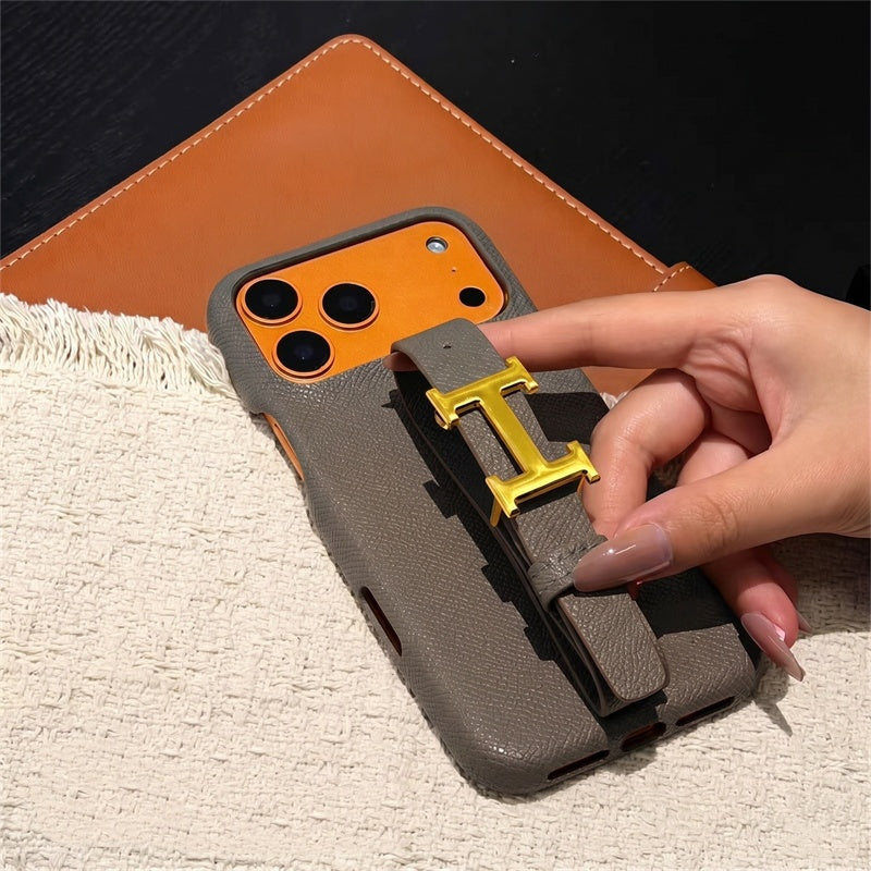 HRM Grain Leather Case with Gold H Buckle Strap for iPhone 13-18 Pro & Pro Max