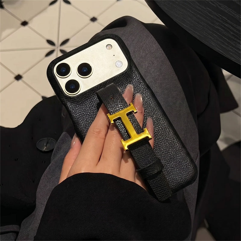 HRM Grain Leather Case with Gold H Buckle Strap for iPhone 13-18 Pro & Pro Max