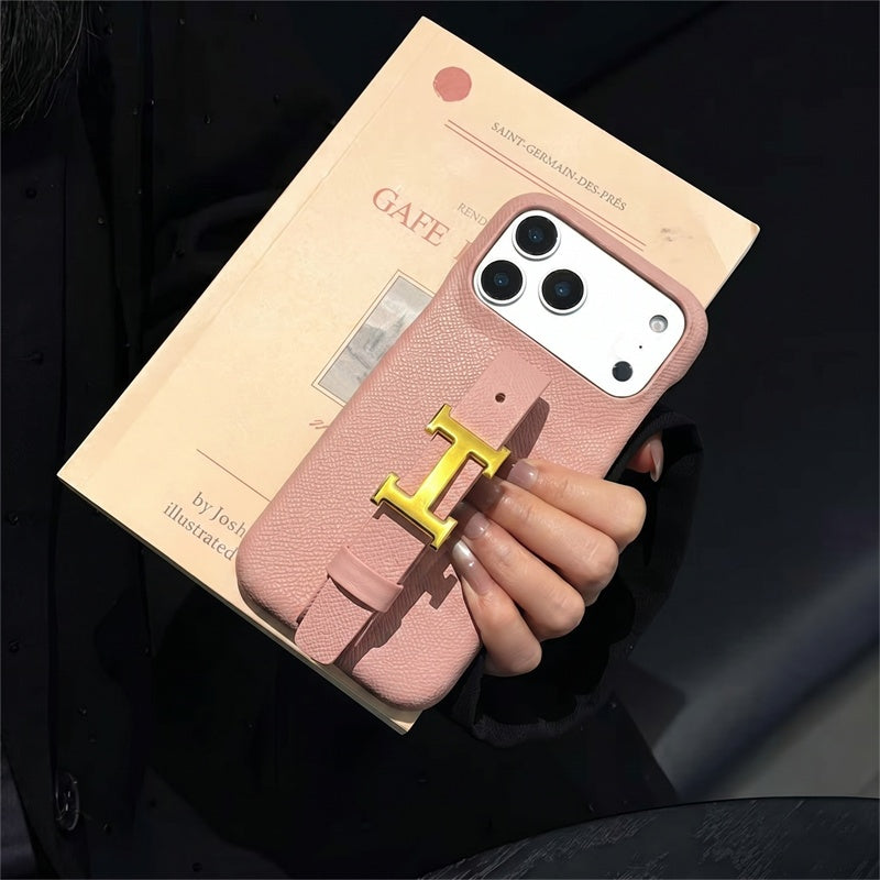 HRM Grain Leather Case with Gold H Buckle Strap for iPhone 13-18 Pro & Pro Max