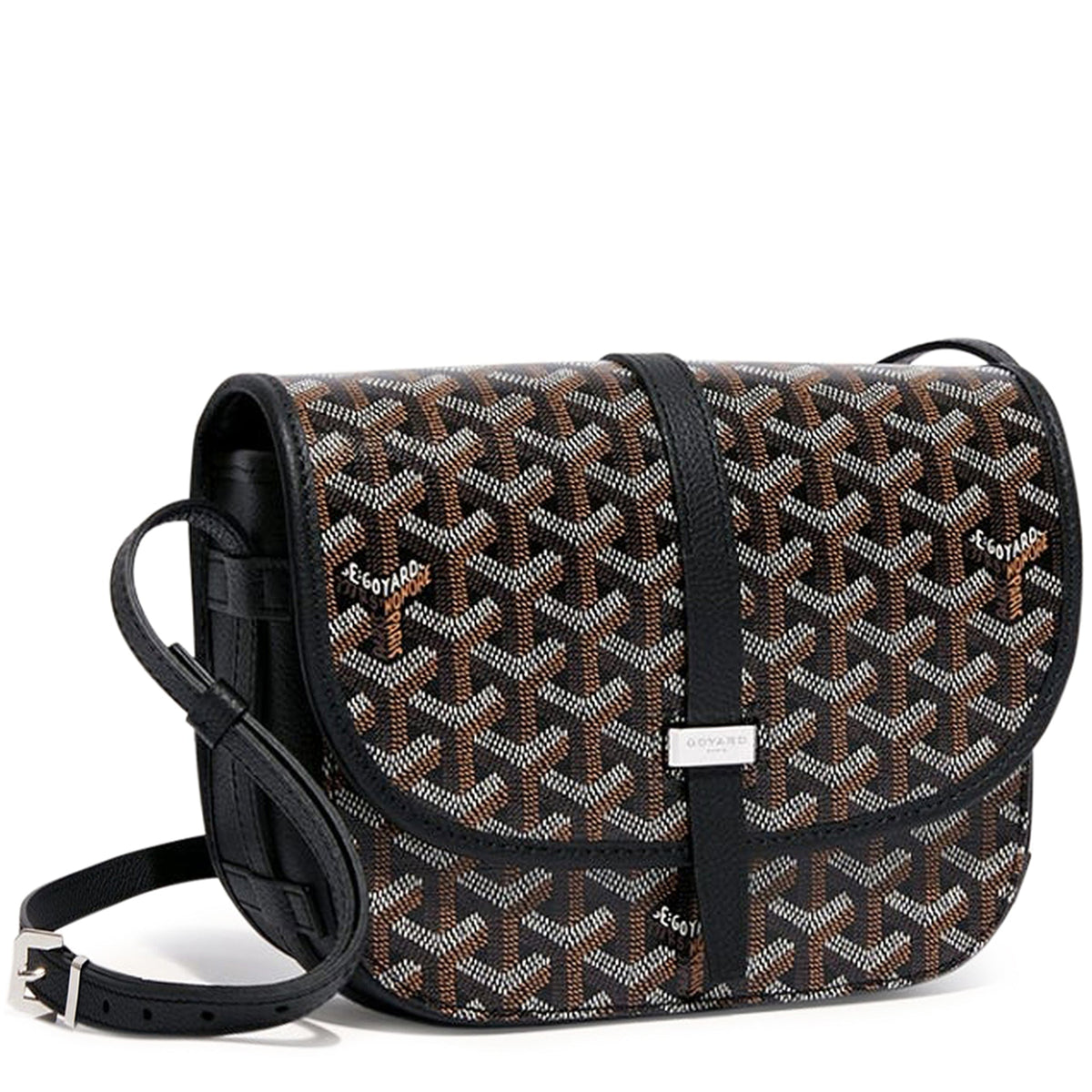 Luxury Goyardine canvas saddle crossbody bag in solid black