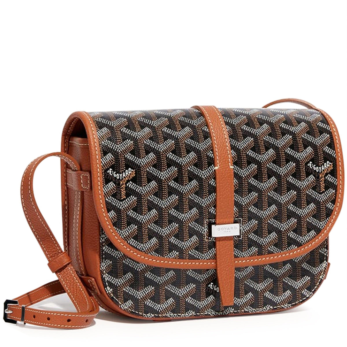 Luxury Goyardine canvas saddle crossbody bag in black with tan trim