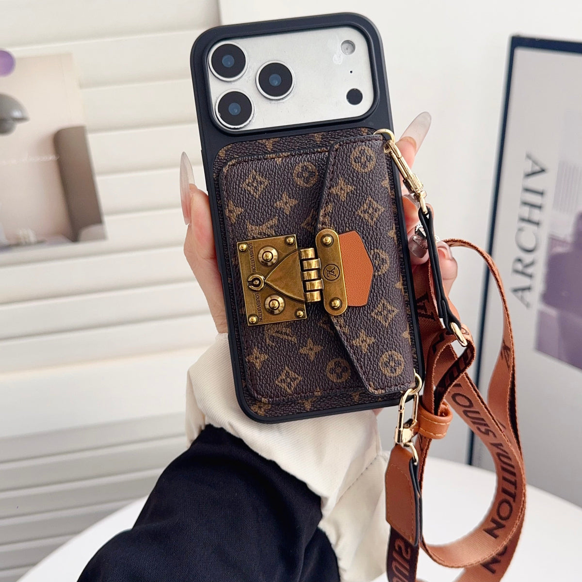 Luxury Louis Vuitton Phone Case with Card Holder and Strap 13-18 Pro & Pro Max