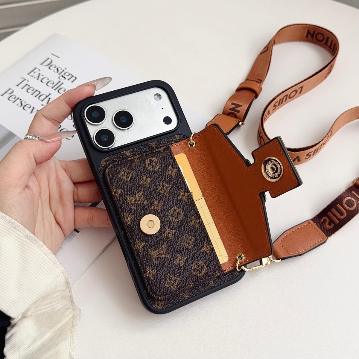 Luxury Louis Vuitton Phone Case with Card Holder and Strap 13-18 Pro & Pro Max