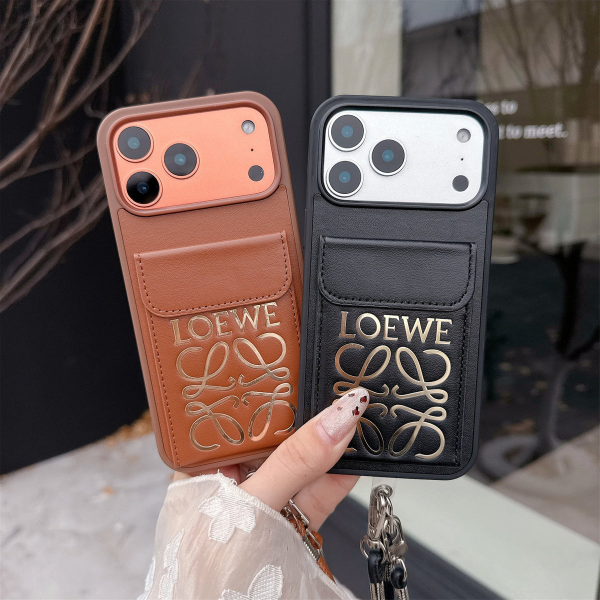 Premium Loewe Phone Case with Black Shoulder Strap For iPhone 12-18 Pro & Pro Max