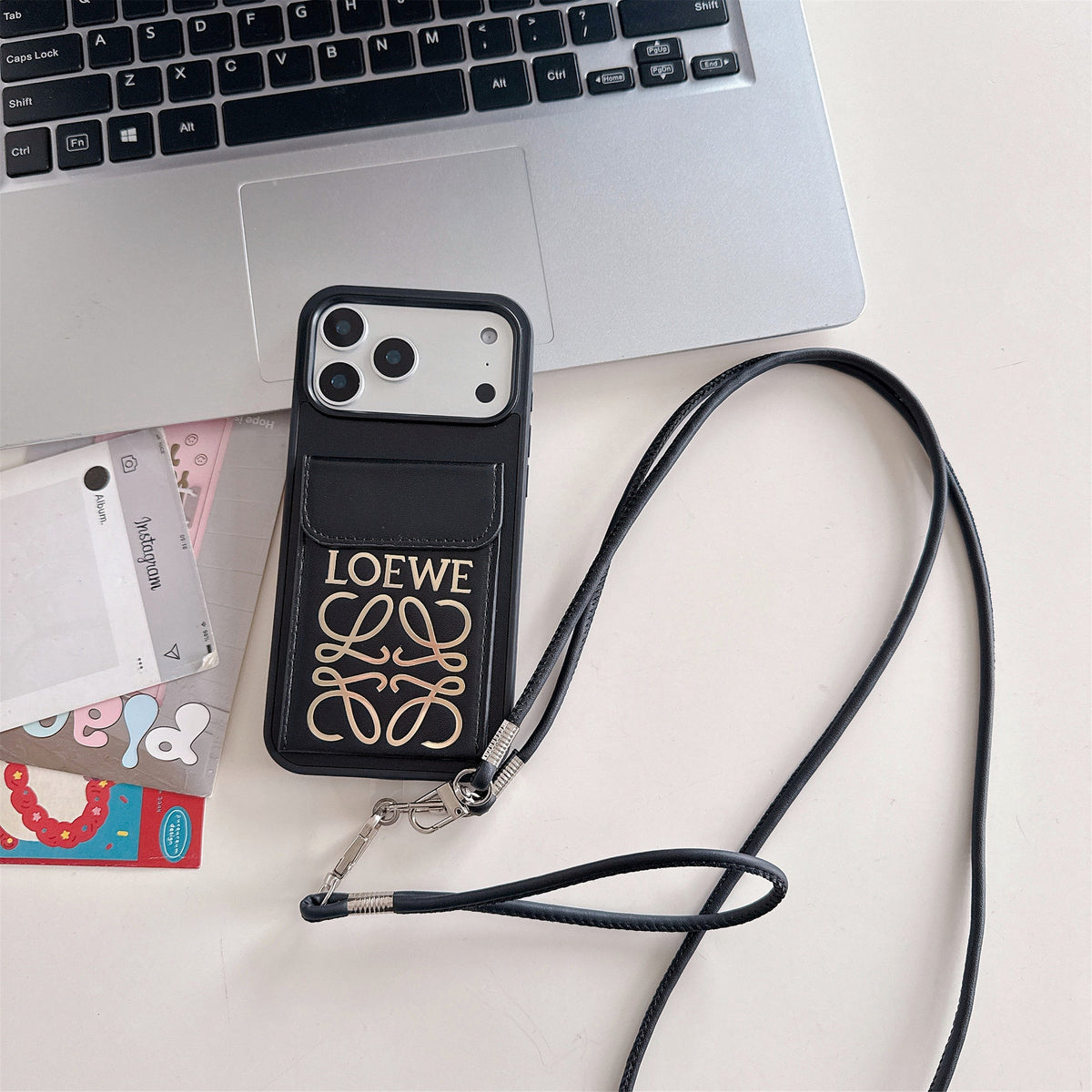 Premium Loewe Phone Case with Black Shoulder Strap For iPhone 12-18 Pro & Pro Max