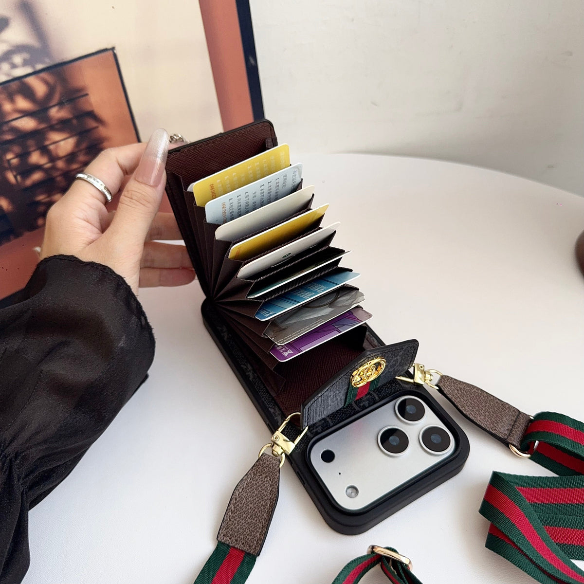 GG Classic Leather Card Holder Case with Strap for iPhone 12-18 Pro & Pro Max
