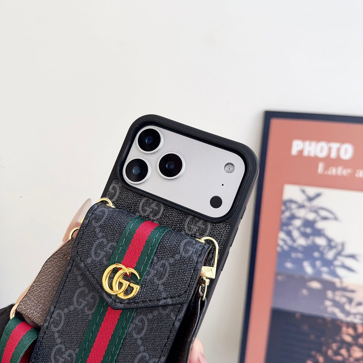 GG Classic Leather Card Holder Case with Strap for iPhone 12-18 Pro & Pro Max