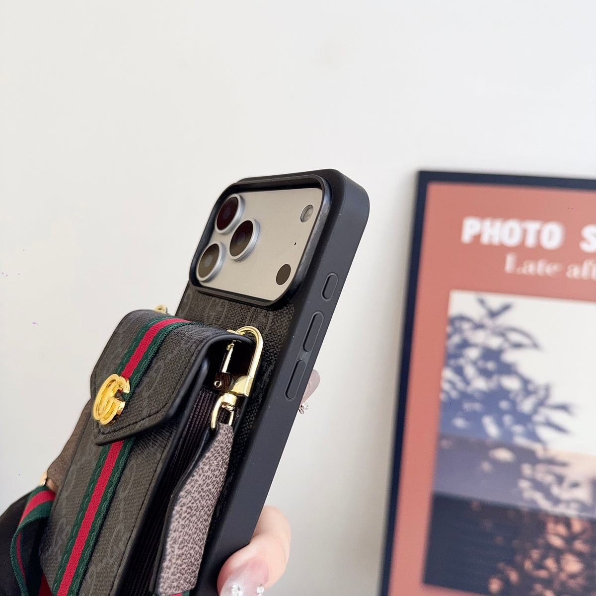 GG Classic Leather Card Holder Case with Strap for iPhone 12-18 Pro & Pro Max