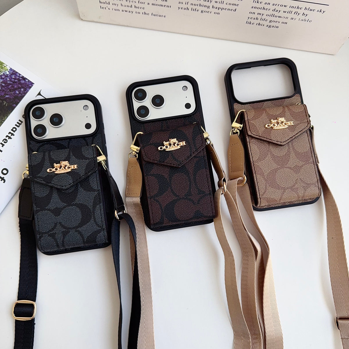 Leather Coach iPhone Case with Card Holder and Strap for iPhone 12-18 Pro & Pro Max