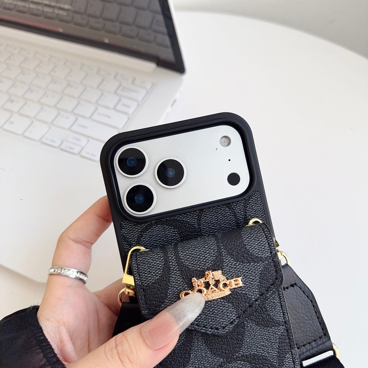 Leather Coach iPhone Case with Card Holder and Strap for iPhone 12-18 Pro & Pro Max