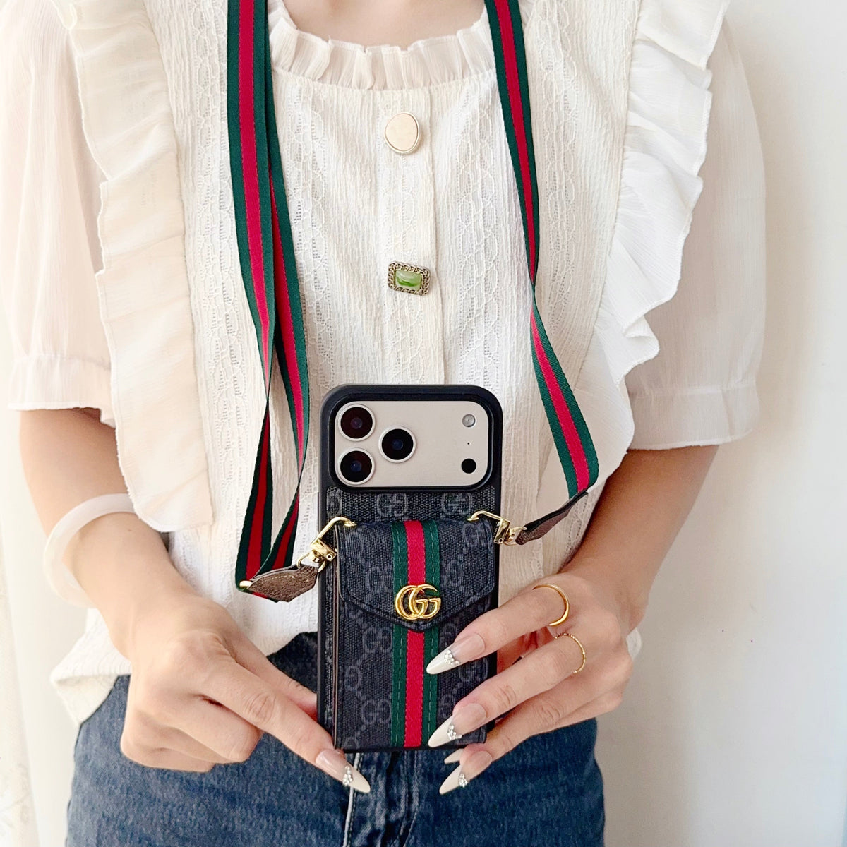 GG Classic Leather Card Holder Case with Strap for iPhone 12-18 Pro & Pro Max