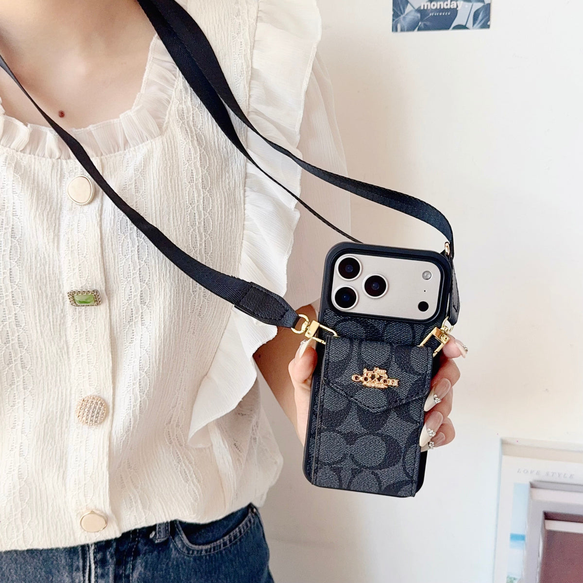 Leather Coach iPhone Case with Card Holder and Strap for iPhone 12-18 Pro & Pro Max