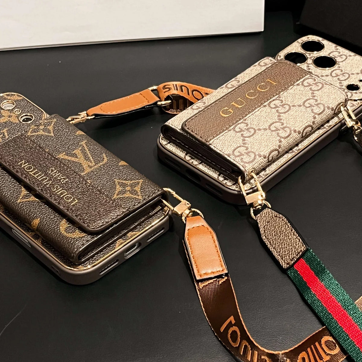 GG Refined Leather Wallet Case with Crossbody Strap for iPhone 12-18 Pro & Pro Max