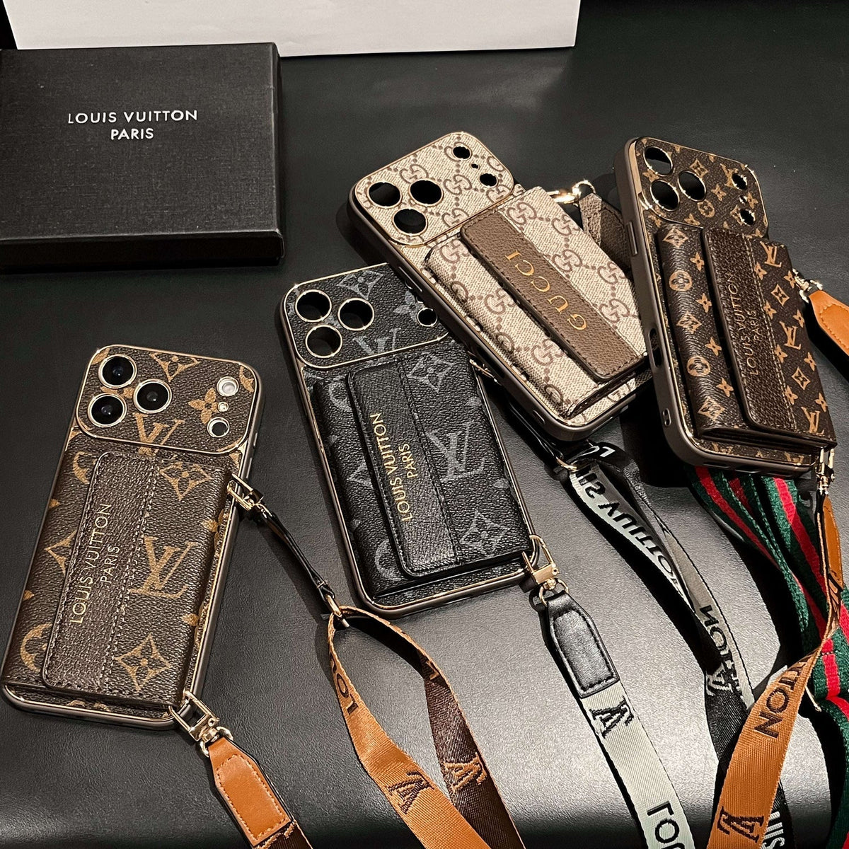 GG Refined Leather Wallet Case with Crossbody Strap for iPhone 12-18 Pro & Pro Max