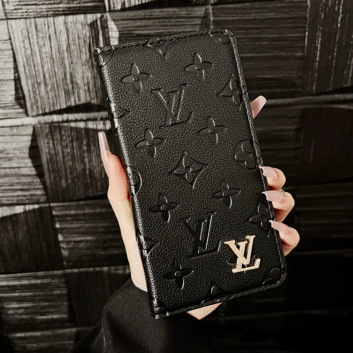 Premium Leather Folio Monogram Phone Case with Card Holder for iPhone 12-18 Pro & Pro Max