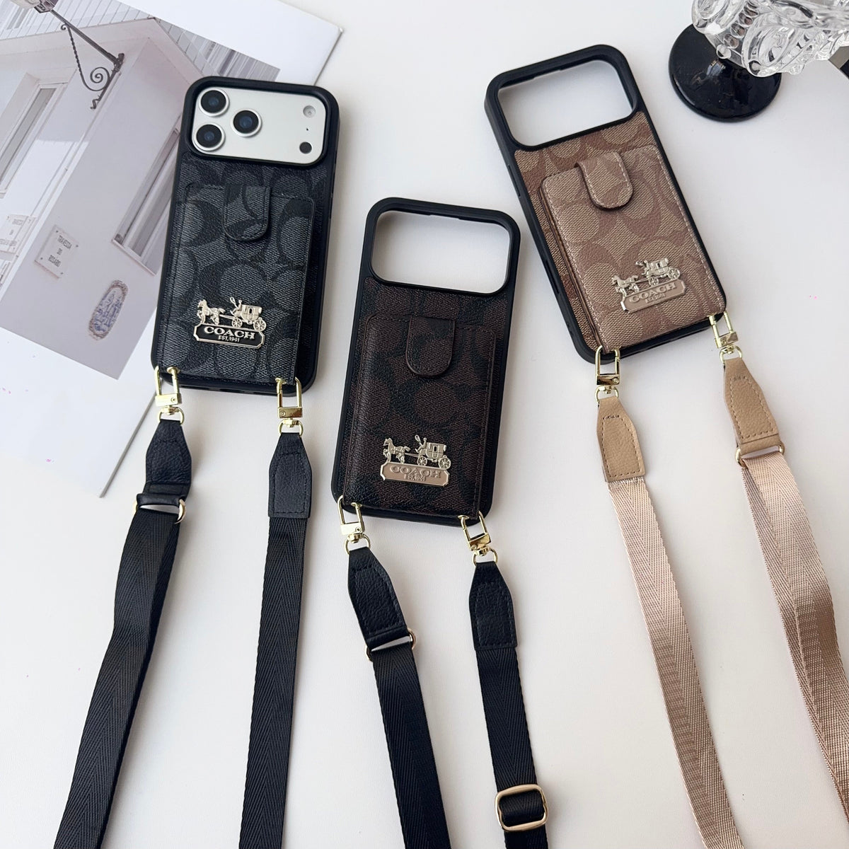Leather Coach Phone Case with Wallet and Strap for iPhone 12-18 Pro & Pro Max