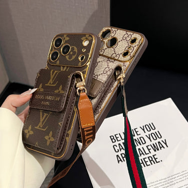 Premium GG Leather Card Holder Case with Strap for iPhone 12-18 Pro & Pro Max