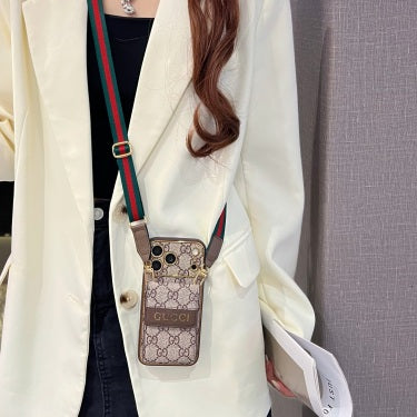 Premium GG Leather Card Holder Case with Strap for iPhone 12-18 Pro & Pro Max