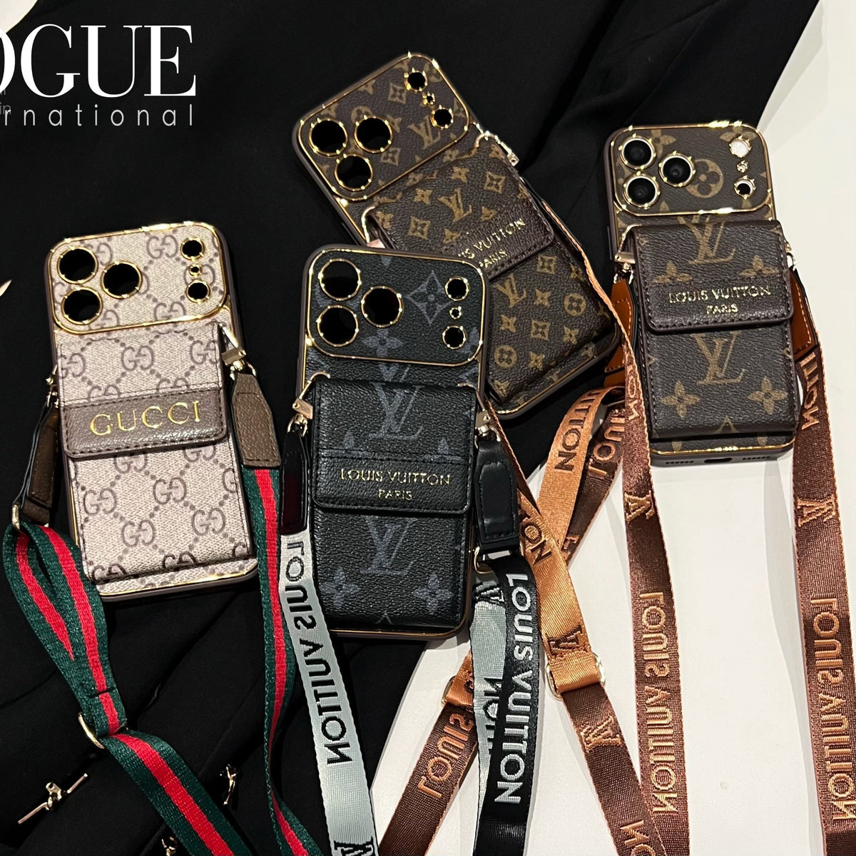 Premium GG Leather Card Holder Case with Strap for iPhone 12-18 Pro & Pro Max