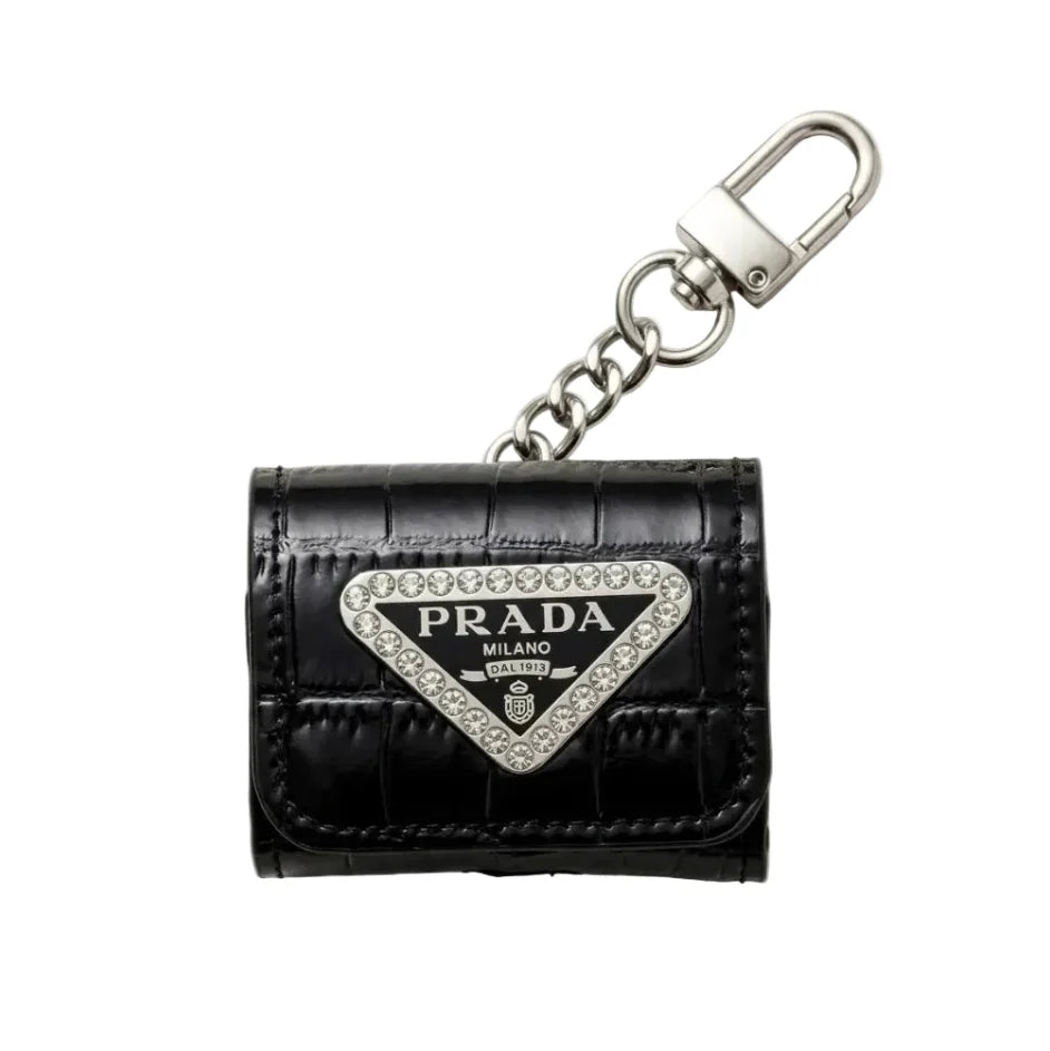 Luxury Prada Leather AirPods Case Black with Emblem & Keychain