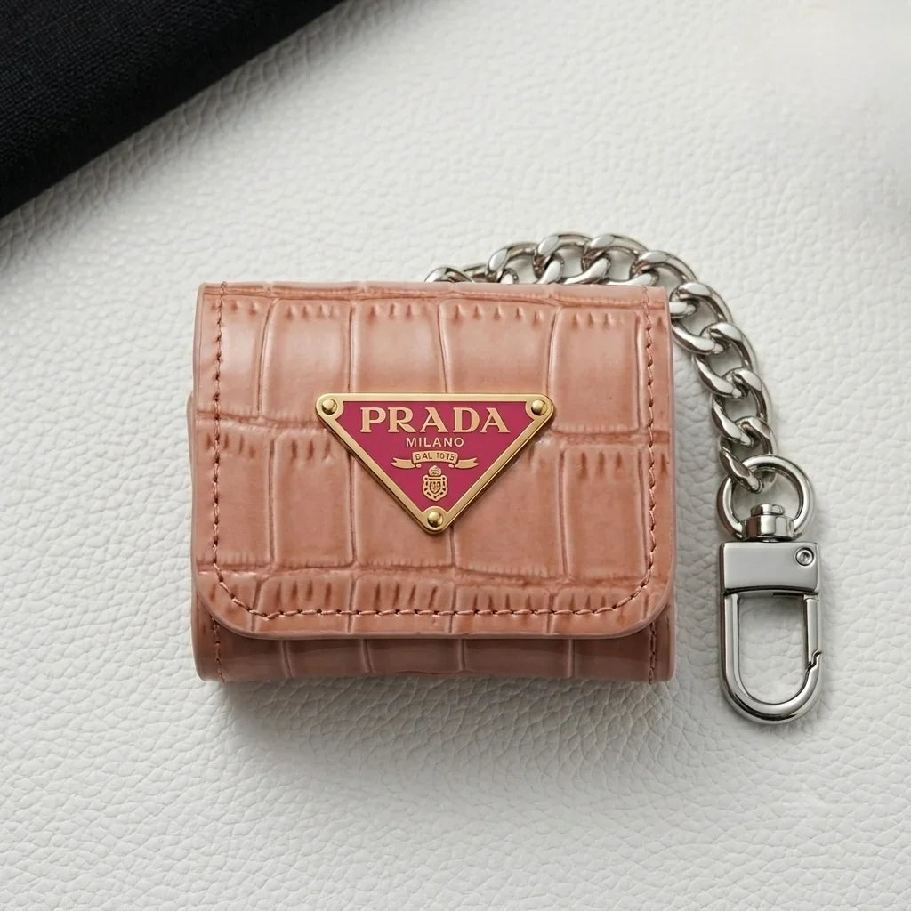 Luxury Prada Leather AirPods Case Pink with Emblem & Keychain