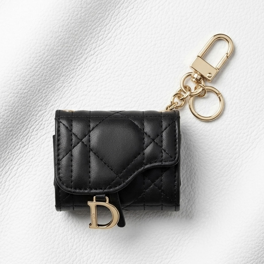 Dior Luxury Black Leather AirPods Case with Gold Charm