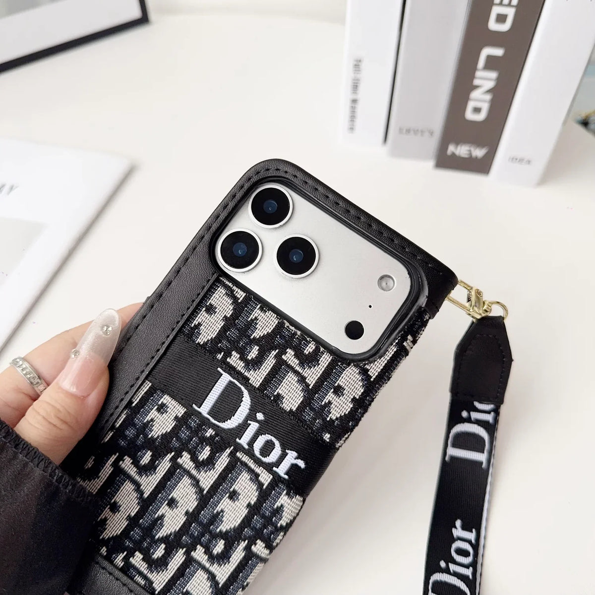 Dior iPhone Case With Card Holder And Wrist Strap For iPhone 12-18 Pro & Pro Max