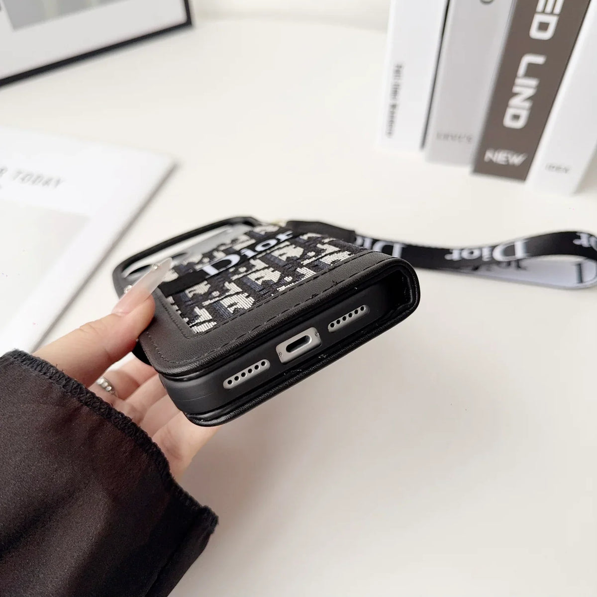 Dior iPhone Case With Card Holder And Wrist Strap For iPhone 12-18 Pro & Pro Max
